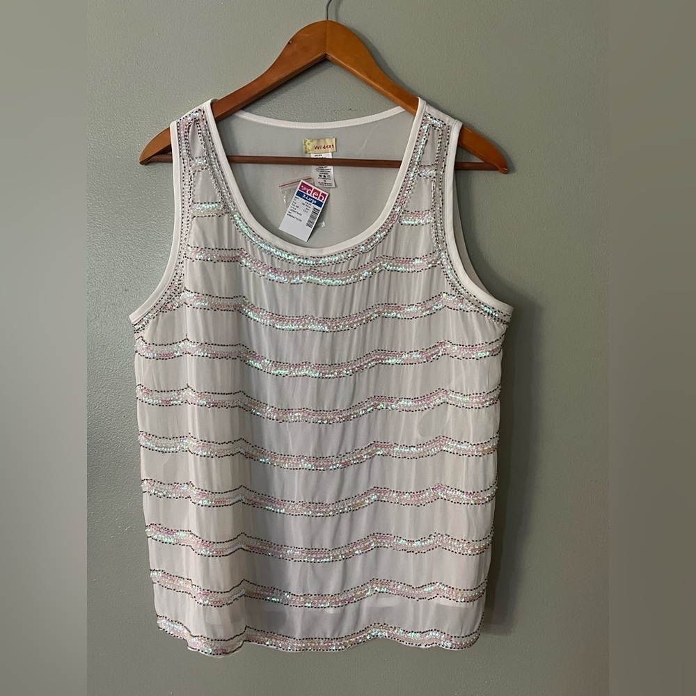 Wild Cat VTG Y2K Silk Blend White Sequin Tank Top XL NWT